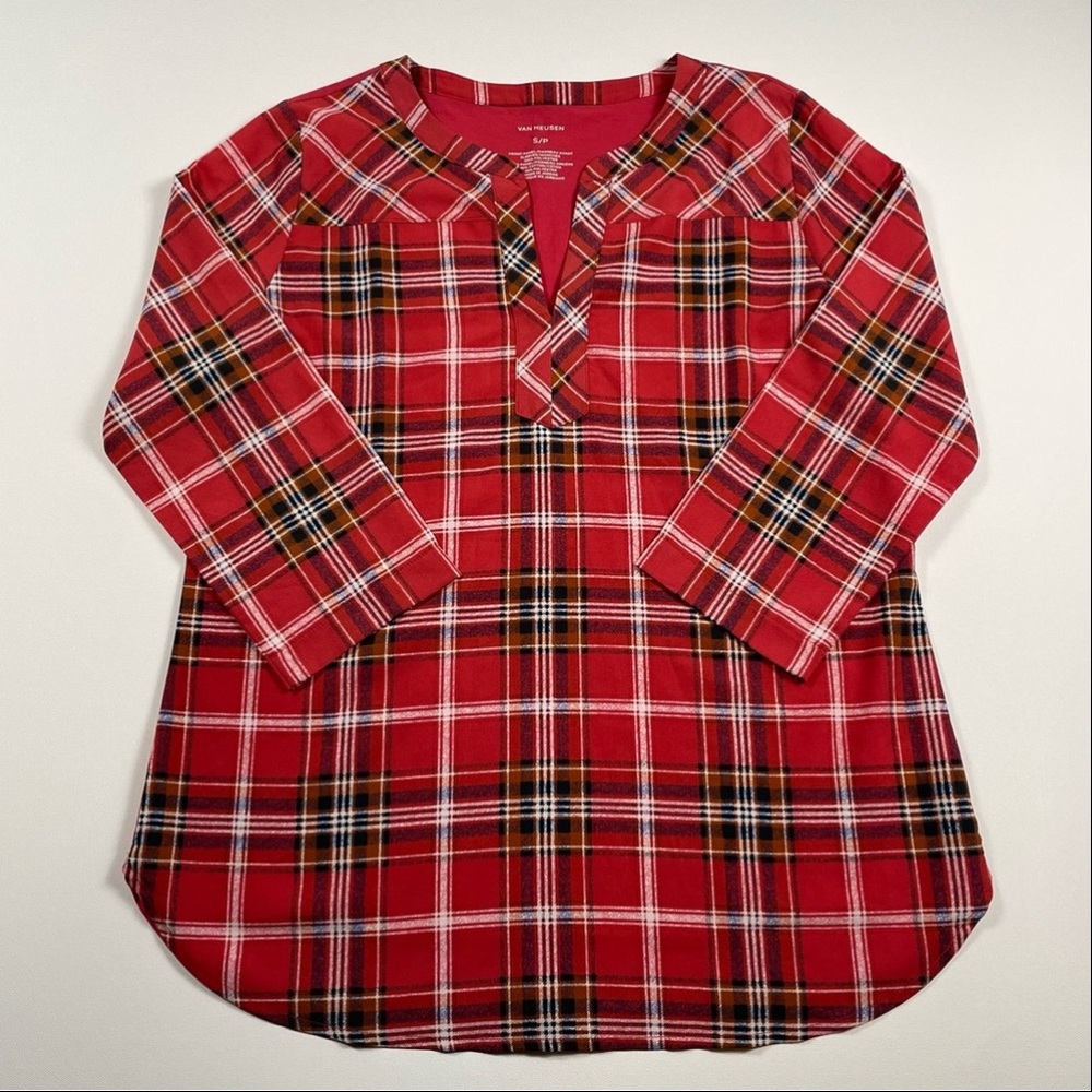 Van Heusen Lightweight Red Plaid Tunic Top 3/4 Sleeve Preppy Y2K Academia